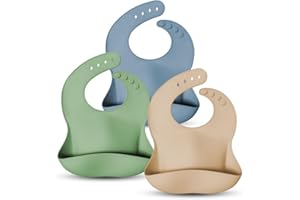 3Pack Baby Silicone Bibs, Cute Toddler Feeding Bibs Waterproof BPA Free, Adjustable Soft Durable for Large Pocket Food