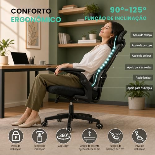 Cadeira de Escritório Ergonômica Preta com Suporte Lombar Independente, Encosto em Malha Respirável, Apoio de Cabeça Ajustável, Altura Regulável, Giratória 360°, Conforto para Home Office e Trabalho