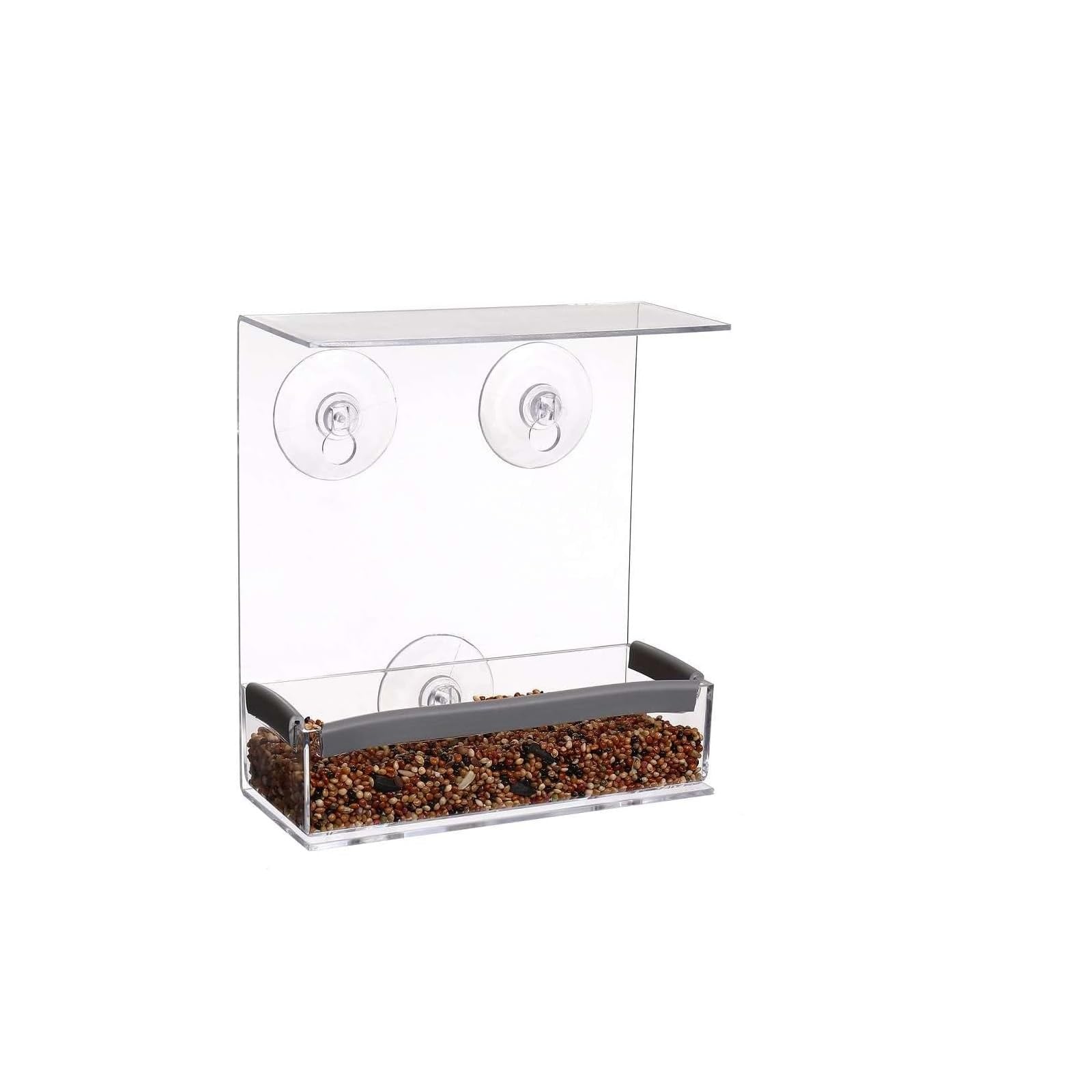 SUQIOME Clear Wild Window Bird Feeder with Strong Suction Cups and Seed Tray with Drain Holes, Small, Compact, Clear Acrylic, Easy Clean, Outside Feeders for Transparent Viewing