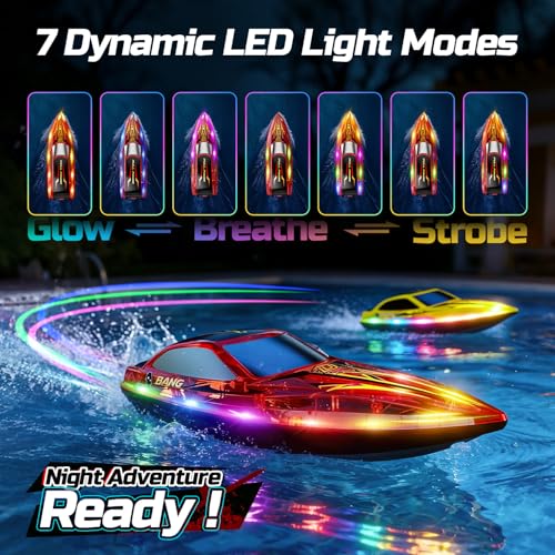 DEERC 2-Pack Fast RC Boats for Kids, Dual-Style Racing Set with LED Lights, 20 KPH High-Speed Remote Control Boats, 4×1200mAh Batteries, Waterproof Toy for Lakes & Pools