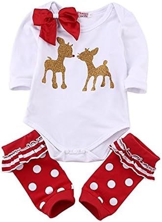 Newborn Baby Girls Short Sleeve Elk Romper with Front Bow Tie+2Pcs Red Leg Cover Clothes Outfit