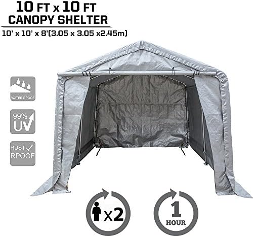 kdgarden 10x10x8 Ft. Portable Shelter Heavy Duty Canopy Storage Tent for Outdoor Backyard, with 4 U-Type Ground Stakes for Stability and 6 Steel Legs, Peak Top Style, Grey