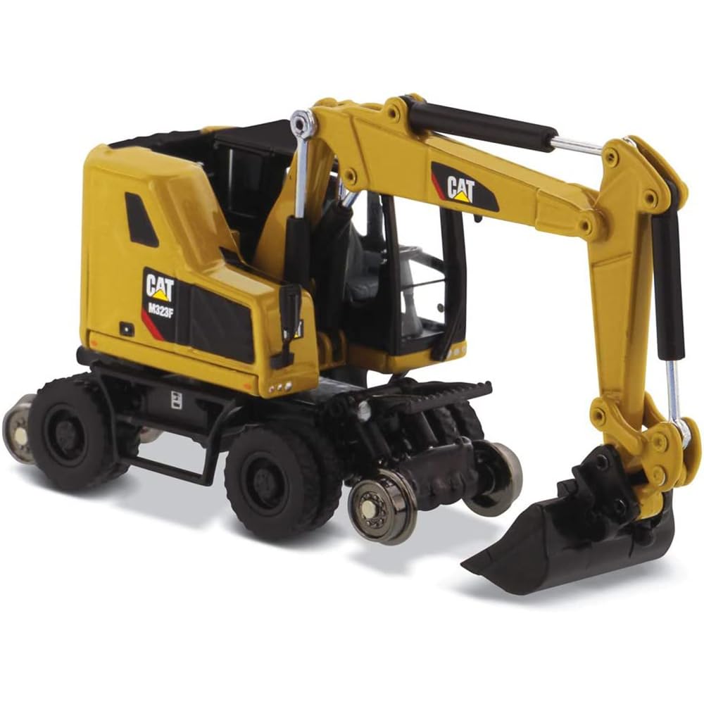 View 1 of 1:87 Caterpillar M323F Railroad Wheeled Excavator - Cat Yellow Version - (HO) High Line Series Model by Diecast Masters - 85656 - with Bucket, Ballast Tamper, and Rail Clamshell Bucket Attachments