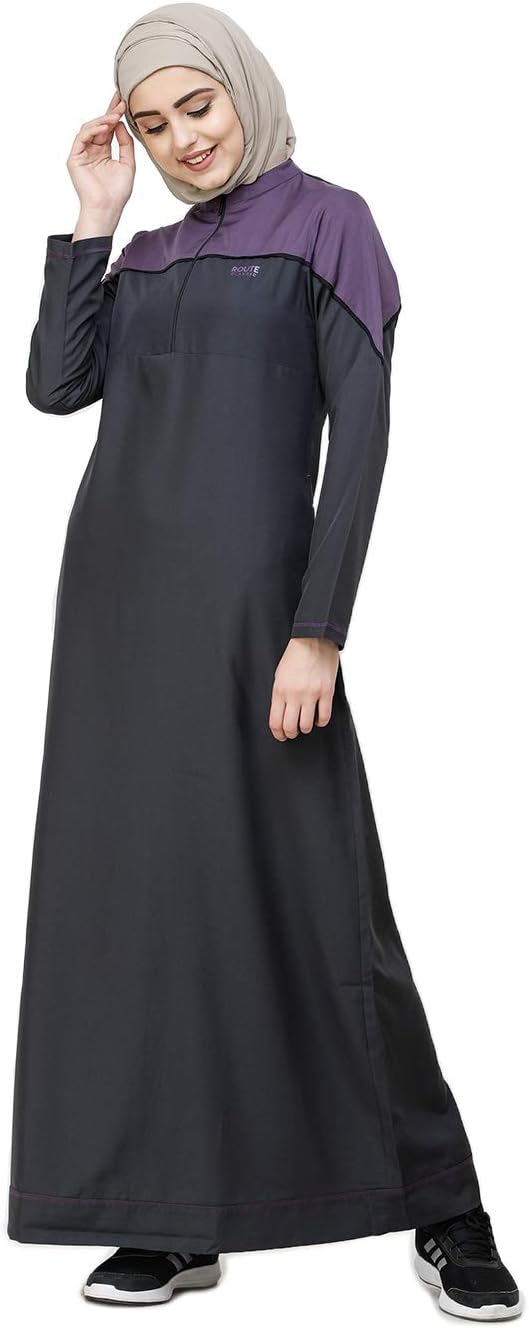 Silk Route© Magnet Grey Front Mid Zipper Polyester Sporty Abaya Maxi Dress Jilbab