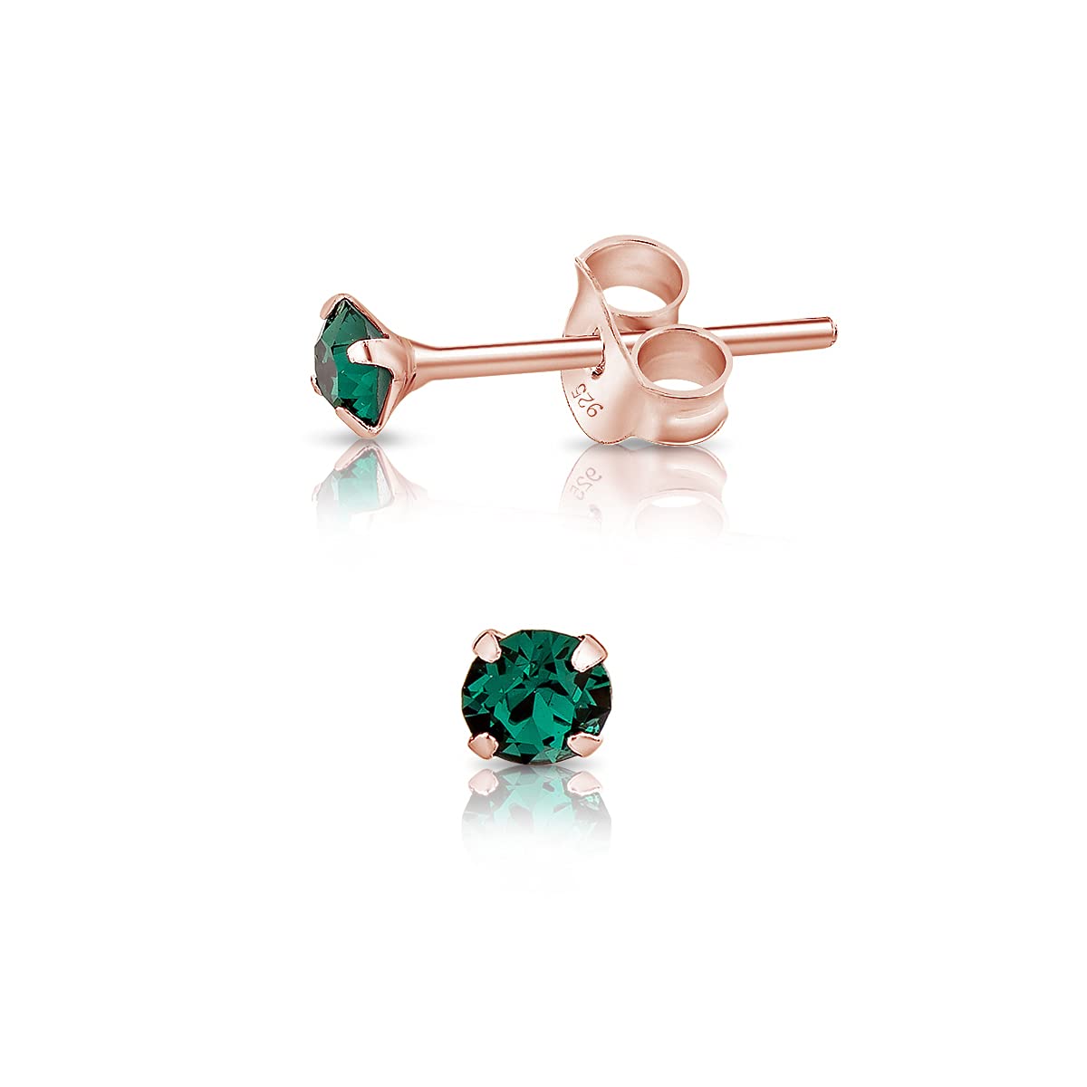 DTPSilver - 925 Sterling Silver Rose Gold plated Round TINY Stud Earrings made with Glittering Crystals from Swarovski® Elements - Diameter: 3 mm - Colour : Green Emerald