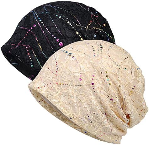 HABITERWomen Cotton Beanie Lace Soft Sleep Cap Slouchy Chemo Hats (Black and Off-White)