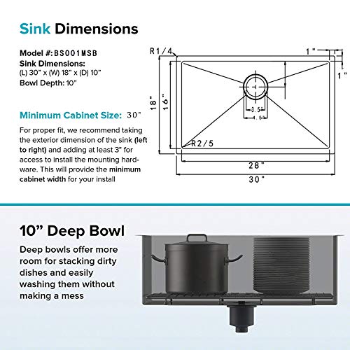 Bokaiya 30 Inch 16 Guage Drop In Undermount Single Bowl Stainless Steel Kitchen Sink, Deep Kitchen Sink with Complimentary Accessories - Thumbnail 5