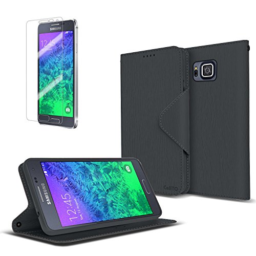 Cellto Samsung Galaxy Alpha Premium Wallet Case [Dual Magnetic Flap] Diary Cover /w ID Pocket ( Black ) + Life Time Warranty