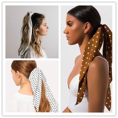 Scarf Scrunchies Women Hair Ties - Satin Silk Hair Scarves Scrunchys Bow Leopard Ribbon Scrunchy with Tails For Thick Hair No Crease Accessories Soft Ropes Ponytail Holder with Designs Long Ponytail H - Thumbnail 5