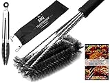 Grill brush by BBQ MASTER CHEF- 3 STAINLESS STEEL brushes in 1 - 18'' handle- TRIPLE GIFT: Professional silicone grill TONGS + carry BAG + Masterchef BBQ RECIPES - PERFECT for all kind of grills