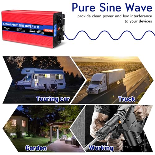 ETREPOW Inverter 6000 W 24 V 220 V Pure Sine Wave Transformer with 2 EU Sockets and a USB, Wireless Remote Control and LCD Display – Peak 12000 W