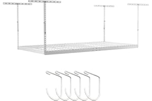 SafeRacks 4 ft x 8 ft Overhead Storage Rack Adjustable 24 in - 45in Height (White) With Accessory Pack With 5-Piece Hook Accessory Pack