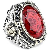 Handmade Men's Ruby Ring - 925 Sterling Silver Seal of Solomon &amp; Lion Head Ring - Natural Oval Ruby Stone - Turkish Artisan Jewelry