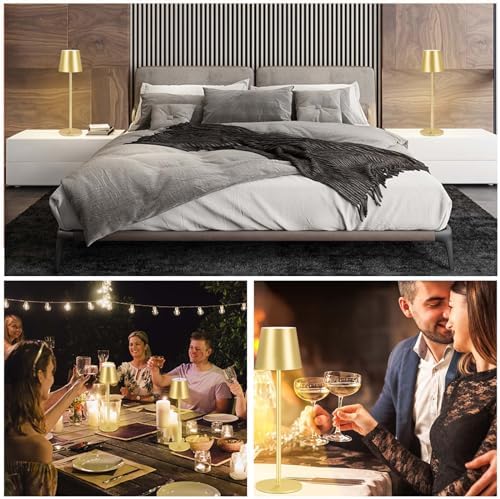 2 lámparas LED regulables de mesa con batería, inalámbrica, recargable, luz cálida, 3000 K, lámpara de mesa para interior y exterior con USB-C, aluminio, IP54, resistente al agua (dorado)…