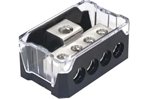 RKURCK 4 Way Power Distribution Block, 0/2/4 AWG Gauge in, 4/8/10 Gauge Out, Car Audio Stereo Amp Distribution Connecting Block for Audio Splitter (1 in 4 Out)