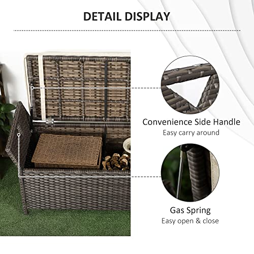 Outsunny 2-in-1 Patio Wicker Storage Bench, 29 Gallon Outdoor PE Rattan Patio Furniture, Large Capacity Rectangle Basket Box with Handles and Cushion, Cream White