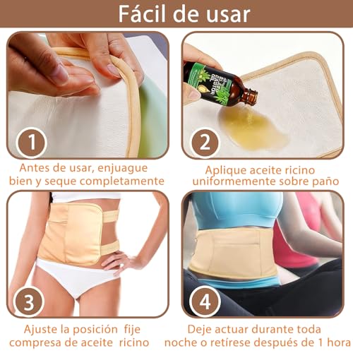 5Pcs Paquete Aceite Ricino Orgánico Reutilizable, Kit de Paquete de Aceite de Ricino, con Correa Elástica Ajustable, para Desintoxicación Hepática, Ayuda al Sueño, Estreñimiento.