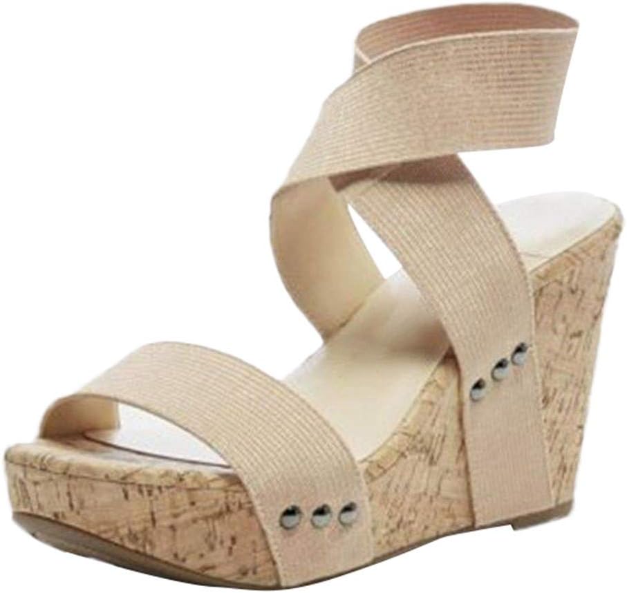 Women's Wedges Sandals Summer High Platform Elastic Band Open Toe Slingback Ankle Strap Shoes (Beige, US:8.0)