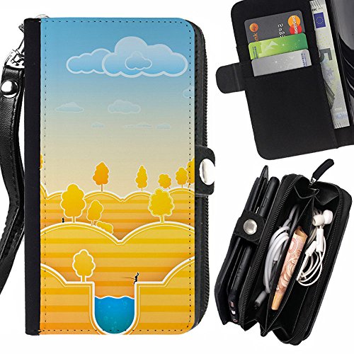 Sand Dunes Cartoon Landscape Drawing - Flip Credit Card Slots Pu Holster Leather Wallet Pouch Protective Skin Case Cover For Samsung Galaxy J1 Ace / J110