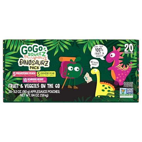 GOGO SQUEEZ FRUIT & VEGGIEZ APPLESAUCE AND PUREE VARIETY PACK, JURASSIC PEAR, ROARRRR BERRY & PREHISTORIC PEACH, 3.2 OZ (PACK OF 20), UNSWEETENED SNACKS FOR KIDS, BPA FREE POUCHES