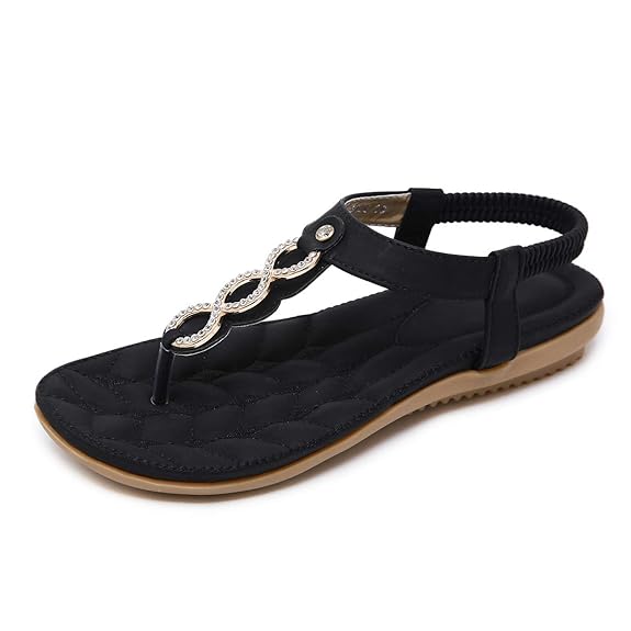 SANMIO Damen Sandals, Frauen Sandalen Sommer Bohemian Strass Flach Sandaletten PU Leder Zehentrenner Beige 37