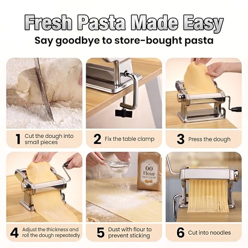 Sailnovo 3 in 1 Pasta Maker Machine - 9 Adjustable Thickness Settings Aluminum Alloy Pasta Roller & 2 Width Cutters for Fresh Spaghetti, Fettuccini, Lasagna, Dumplings - Stainless Steel, Silver