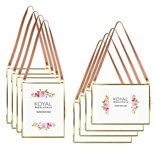 Koyal Wholesale Gallery Wall Frames, Leather Strap Gold Metal Pressed Glass Floating Hanging Photo Frames, 8 Pack, 4 Vertical 4 Horizontal 5 x 7 Picture Frames for Wall Collage, Decorative Wall