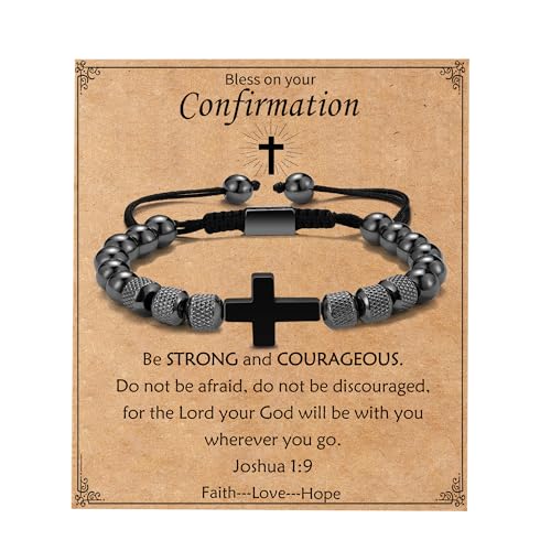 VULETO Cross Bracelet Gifts for Boys Men, Adjustable Obsidian Beads Bracelet Christian Religious Bapstim Jewelry Gifts for Son Grandson Teenage Teen Boys