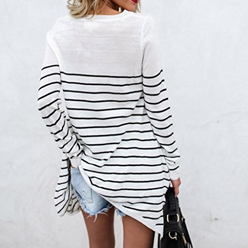 BSGSH Women's Blouses Round Neck Striped Long Sleeve T Shirt Casual Loose Tunic Tops (S, White)