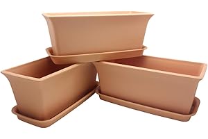 BangQiao Small 12.20 Inch Plastic Rectangular Window Box Planter Pot Container with Saucer for Indoor and Outdoor Using, Pack of 3, Terracotta