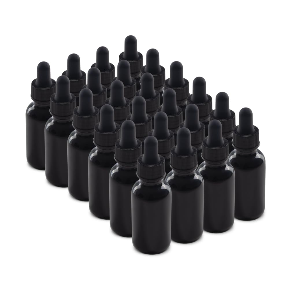 Photo 1 of The Bottle Depot - 24 Pack - 1 oz Glass Bottle with Dropper - Black UV - 20-400 Neck Finish - Boston Round Bottles - UV Rays Protection