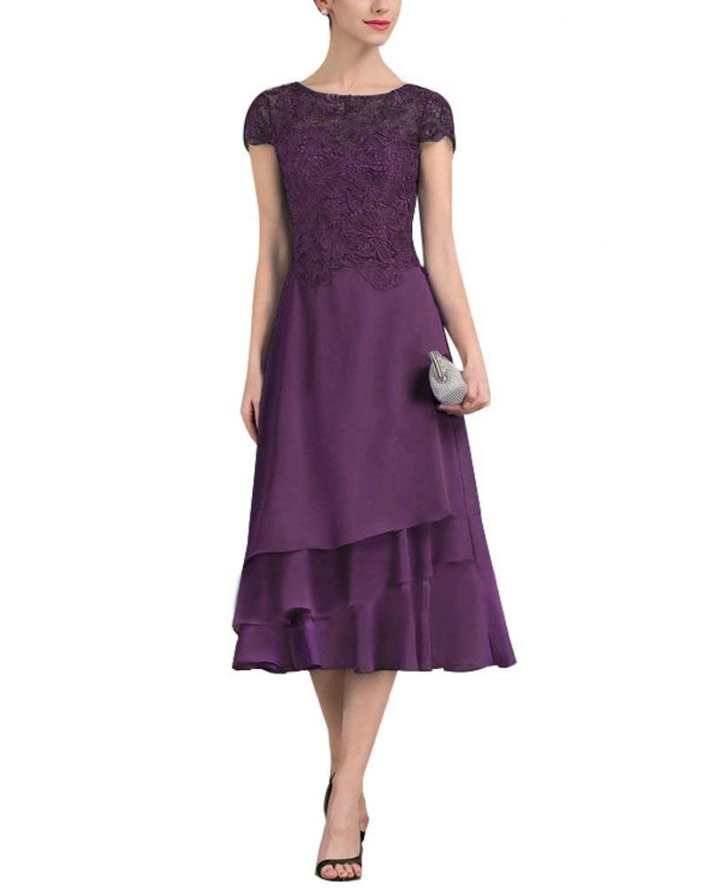 Graceprom Women's Royal Blue Tea Length Mother of The Bride Dresses Short Sleeves Evening Gown 10