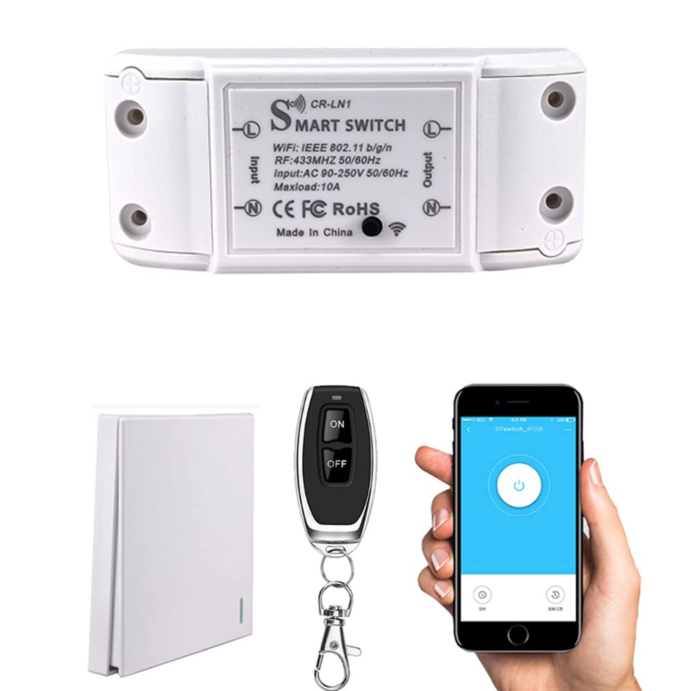COLOROCK Smart WiFi Light Switch, RF Wireless Remote Control Switch Kit, APP & 433MHz, Compatible with Alexa/Google Home, Voice Control, Timer Function, No Hub Required, 1 Way, 10A