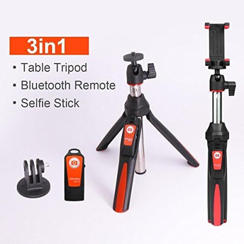 BENRO 3 in 1 Mini Handheld Table Tripod Self-portrait Monopod Extendable Smartphone Selfie Stick + Wirelesss Bluetooth Remote Shutter (Red)
