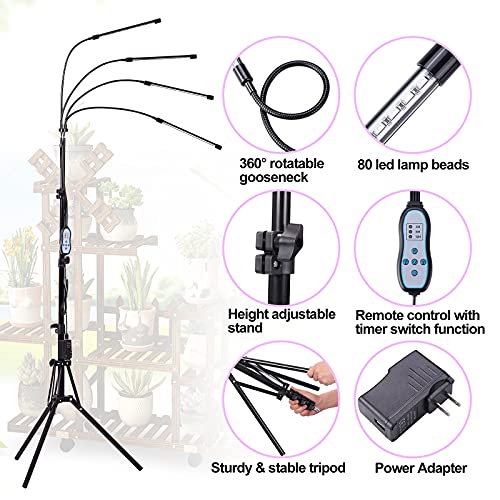 Grow Light, LED Plant Grow Light with Red Blue Spectrum, 15-60 in Adjustable Tripod Stand, 4/8/12H Timer, Remote Control, Plant Light for Vegetables, Greenhouse and Indoor Plants
