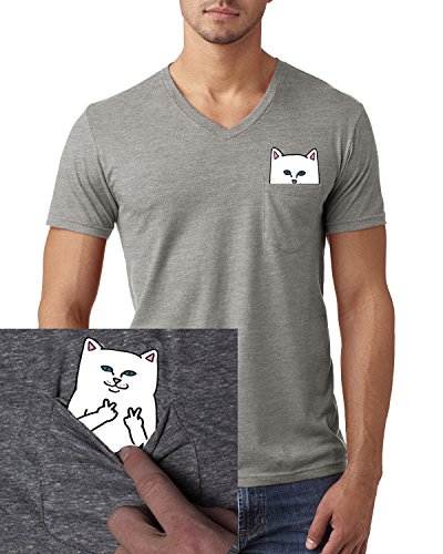 Pocket Cat Shirt Finger Peace Sign Unisex Pocket V-Neck T Shirt Grey L