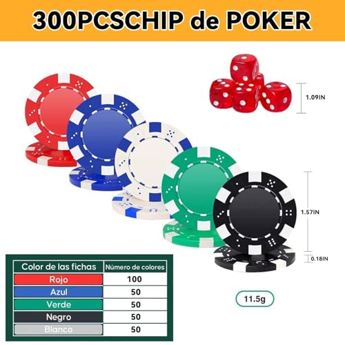 ACOVARK Juego de Poker de 311 Piezas,Juego de Fichas de Poker,300 Fichas Profesionales con 2 Barajas de Cartas y 5 Dados,con Estuche de Transporte de Aluminio,Apto para Adultos