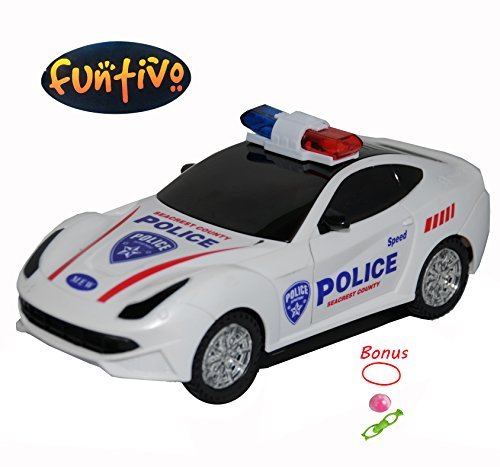 FUNIVO Bump-N-Go Flashing Police Car with 3D Flashing Lights and Sound, Battery Operated Police Car Toy for Kids (batteries not included)