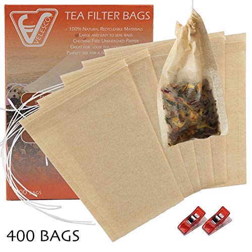 Velesco Tea Filter Bags Disposable Tea Infuser with Drawstring for Loose Leaf Tea with 100% Natural Sustainable Unbleached Paper 3.9" x 3" 400pcs