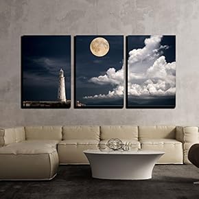 3 Piece Canvas Wall Art - Lighthouse at Night - Modern Home Art Stretched and Framed Ready to Hang - 16"x24"x3 Panels