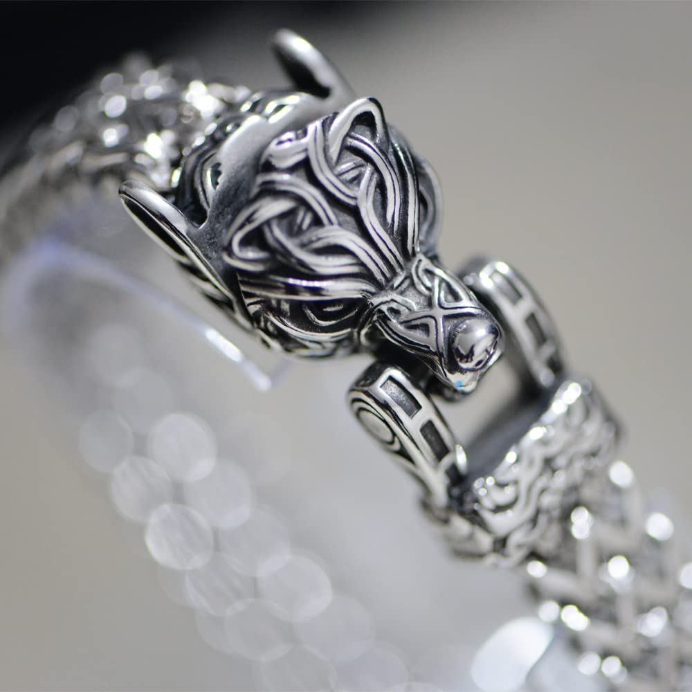 LANGHONG Norse Viking Wolf Bracelet Men's Stainless Steel Mesh Chain Can Open Wolf Mouth Bracelets Talisman Jewelry