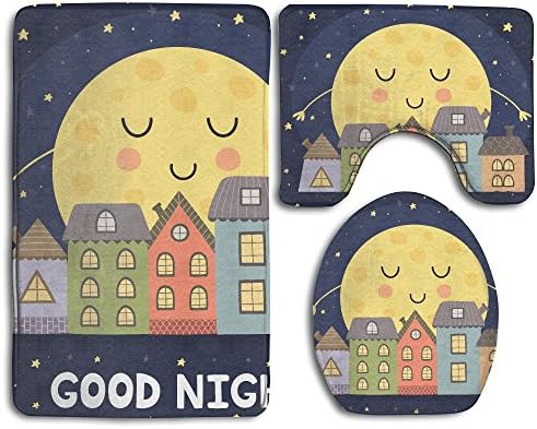 3PC Bathroom Non-Slip Cartoon Moon Set Flannel Lid Bath Mat, Contour &amp; Seat Cover Absorbent Bathroom Mat Set With Lantax Backing