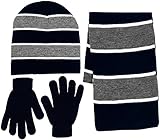 Boy's 3 Piece Knit Hat, Scarf & Gloves Set (Navy-Gray)