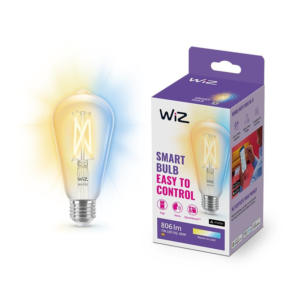 WiZ White [E27 Edison Screw] Smart Connected WiFi Clear Light Bulb. 60W White Light. App Control for Home Indoor Lighting, Livingroom, Bedroom.