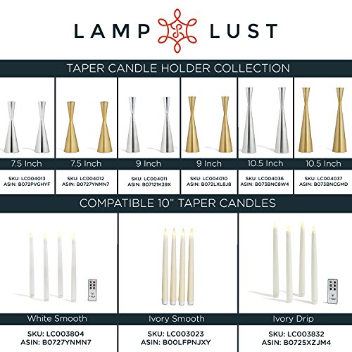 2 Brass Finished Taper Candle Holders, 9 Inches, Metal, Hourglass Shape