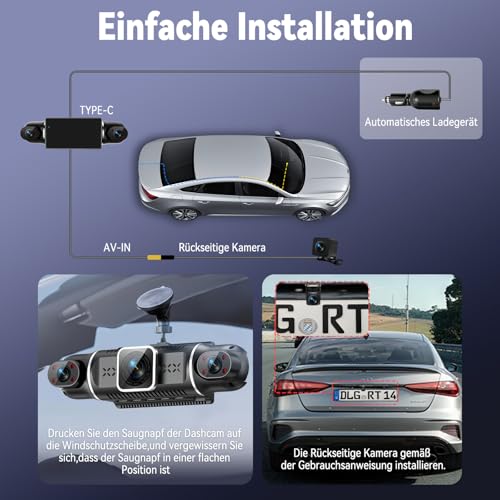 360° Dash Cam Car Front Rear 4 Channel Dash Cam Car Camera FHD 4K + 1080Px3, Free 64GB SD Card, WDR Night Vision (8 IR LEDs), G-Sensor, 4 x 140° Wide Angle, 3 Inch IPS Display, 24/7 Parking Mode, Loop