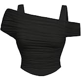 WDIRARA Women's Plus Size Mesh Off The Shoulder Tee Shirts 2 in 1 Ruched Short Sleeve Crop Tops