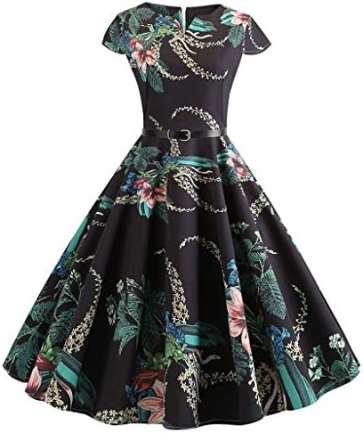 Sleeveless Tea Dress Belt💕Sharemen V-Neck Printing Gown 💕Women Vintage 1950s Retro Party Prom Swing Dress