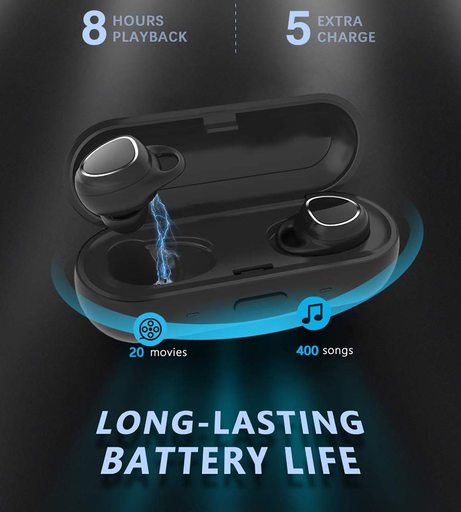 TWS Wireless-Earbuds Bluetooth 5.0 Headphones with Charging-Case, True Stereo Waterproof Noise-Cancelling, 6H Playback Time / 40H Cycle Playing Time, in-Ear Wireless Bluetooth Earbuds with Microphone