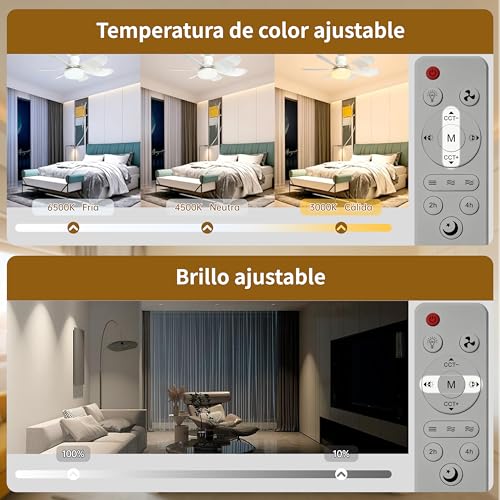 Ventilador de techo con luz LED 40W, 52cm, 6 aspas, control remoto, 3 velocidades, 3 colores de luz, 3000-6500K, motor ultra silencioso, E26/E27, ideal para sala y dormitorio (Blanco)